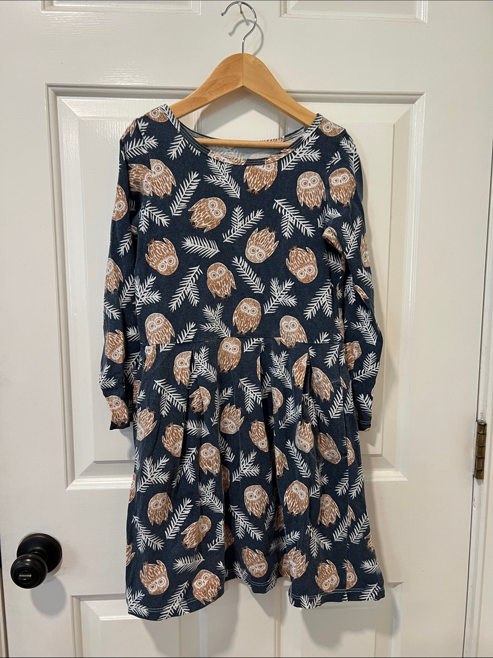 Girls' Navy Owl Print Long-Sleeve Casual Dress - Brown & White Botanical Accents